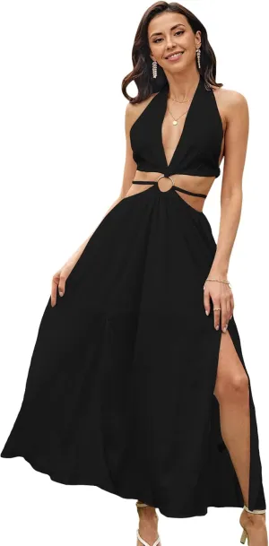 SweatyRocks Women's V Neck Cut Out Metal Front Split Thigh Tie Backless Halter Maxi Dress