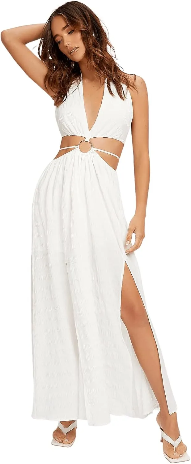 SweatyRocks Women's V Neck Cut Out Metal Front Split Thigh Tie Backless Halter Maxi Dress