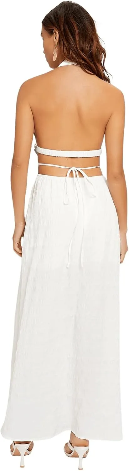 SweatyRocks Women's V Neck Cut Out Metal Front Split Thigh Tie Backless Halter Maxi Dress