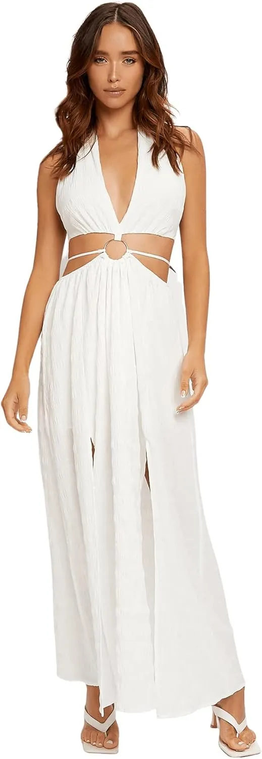 SweatyRocks Women's V Neck Cut Out Metal Front Split Thigh Tie Backless Halter Maxi Dress