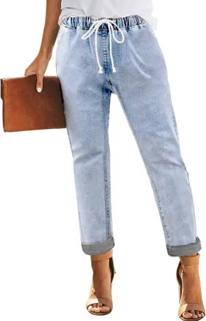 Sweezarmo Women's Pull On Solid Color Jeans Drawstring Elastic Waist Denim Stretch Joggers for Women