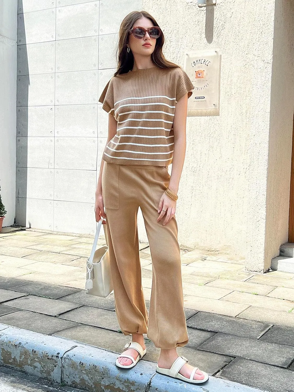 Tankaneo Women's 2 Piece Outfits Knit Pullover Striped Short Sleeve Sweater Tops and Pants Lounge Matching Sweatsuit Sets
