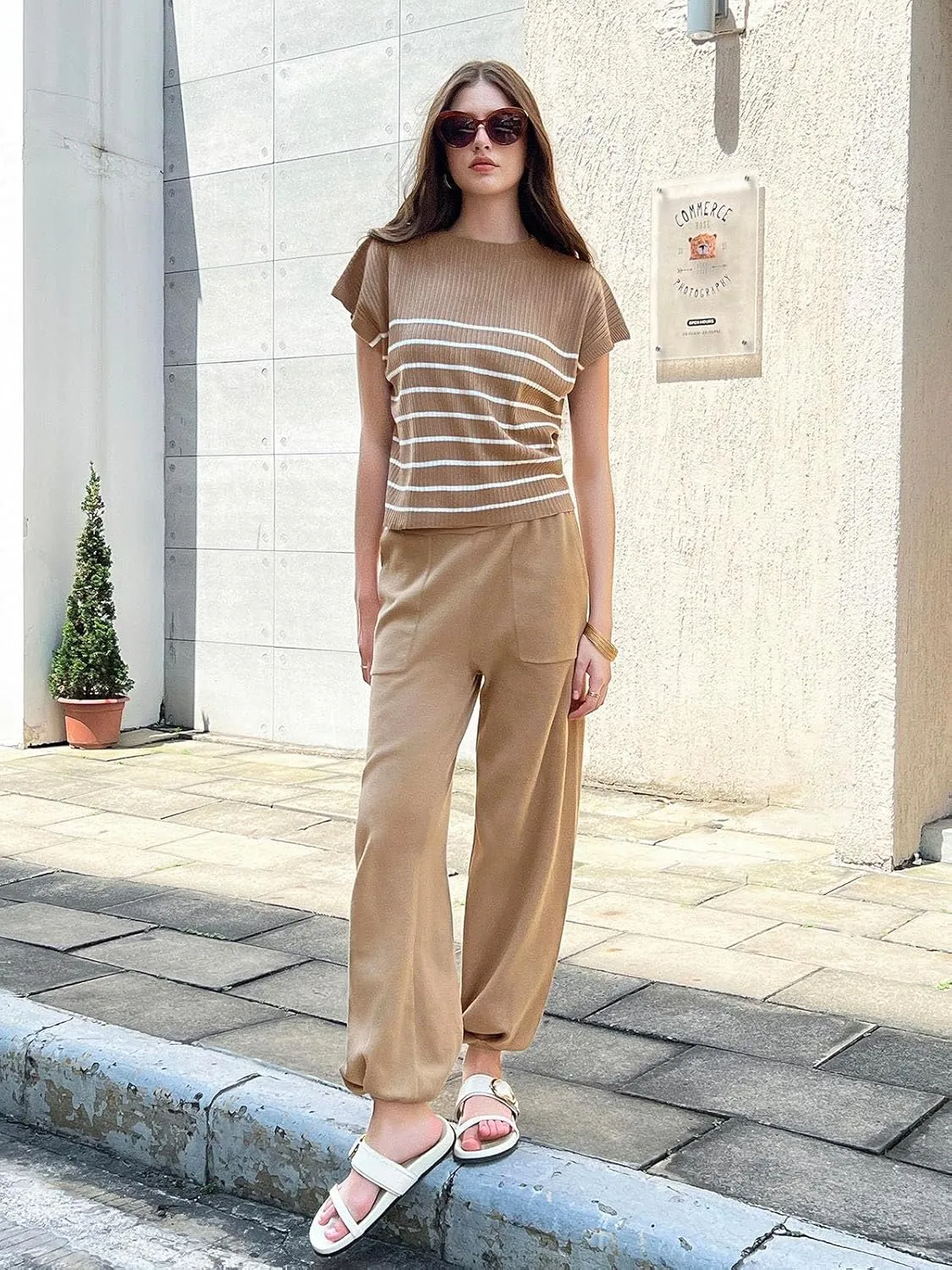 Tankaneo Women's 2 Piece Outfits Knit Pullover Striped Short Sleeve Sweater Tops and Pants Lounge Matching Sweatsuit Sets