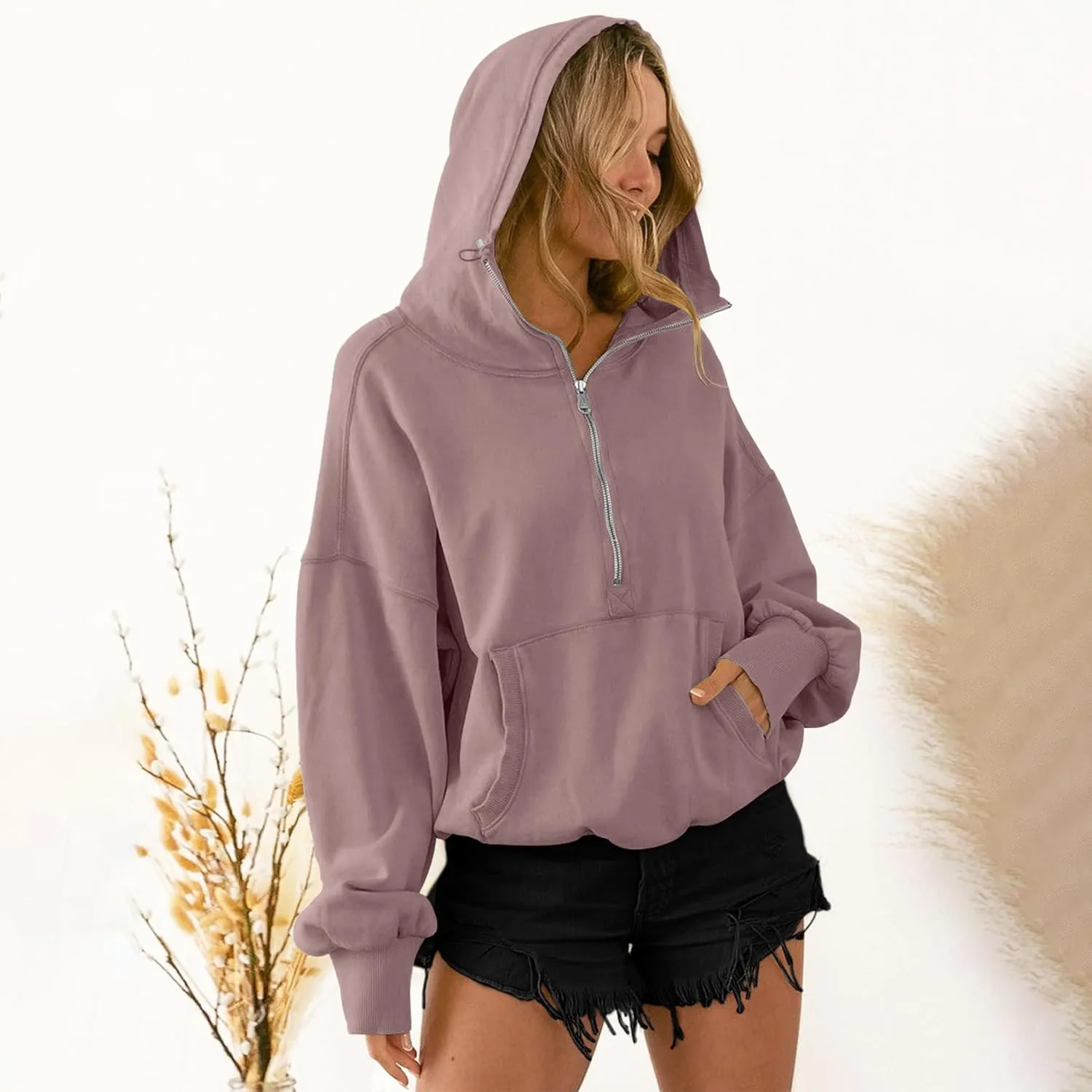 TBA High Neck Hoodies for Women Oversized Half Zip Drawstring Y2K Pullover Sweater Casual Long Sleeve Sweatshirt with Pockets