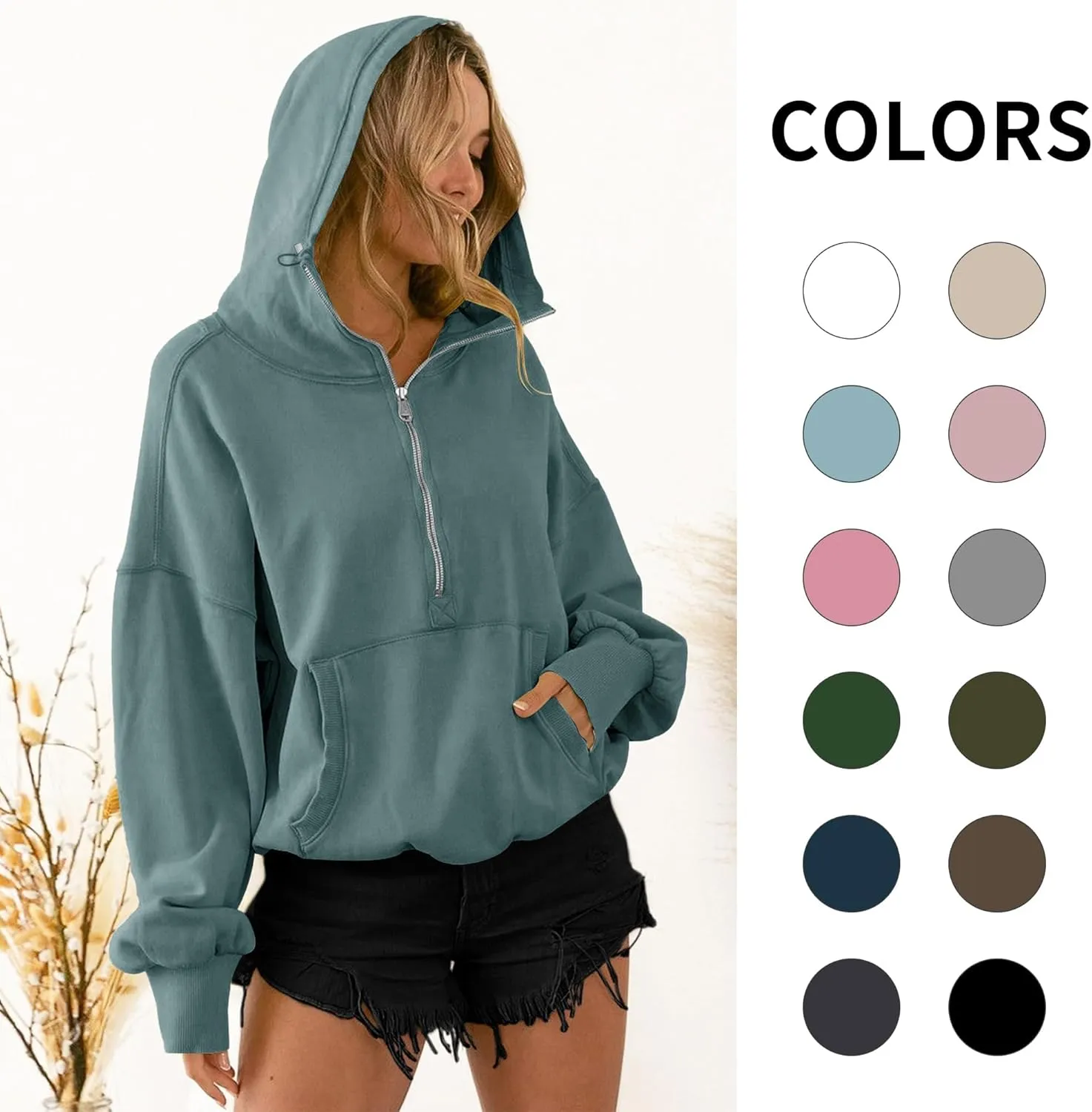 TBA High Neck Hoodies for Women Oversized Half Zip Drawstring Y2K Pullover Sweater Casual Long Sleeve Sweatshirt with Pockets