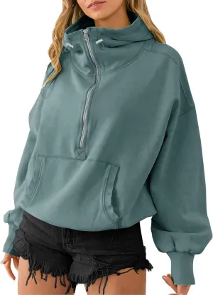 TBA High Neck Hoodies for Women Oversized Half Zip Drawstring Y2K Pullover Sweater Casual Long Sleeve Sweatshirt with Pockets