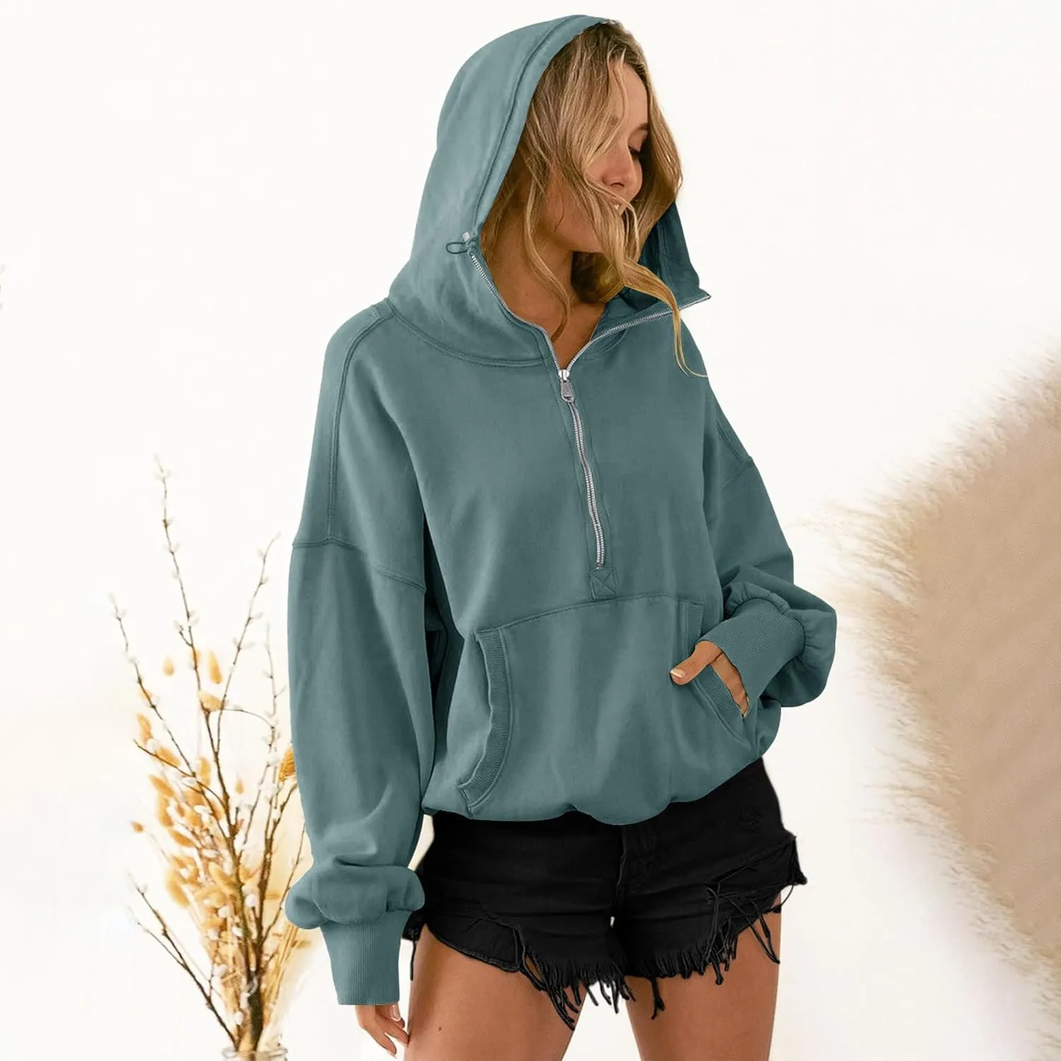 TBA High Neck Hoodies for Women Oversized Half Zip Drawstring Y2K Pullover Sweater Casual Long Sleeve Sweatshirt with Pockets