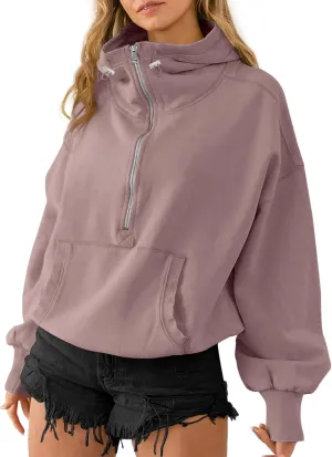 TBA High Neck Hoodies for Women Oversized Half Zip Drawstring Y2K Pullover Sweater Casual Long Sleeve Sweatshirt with Pockets