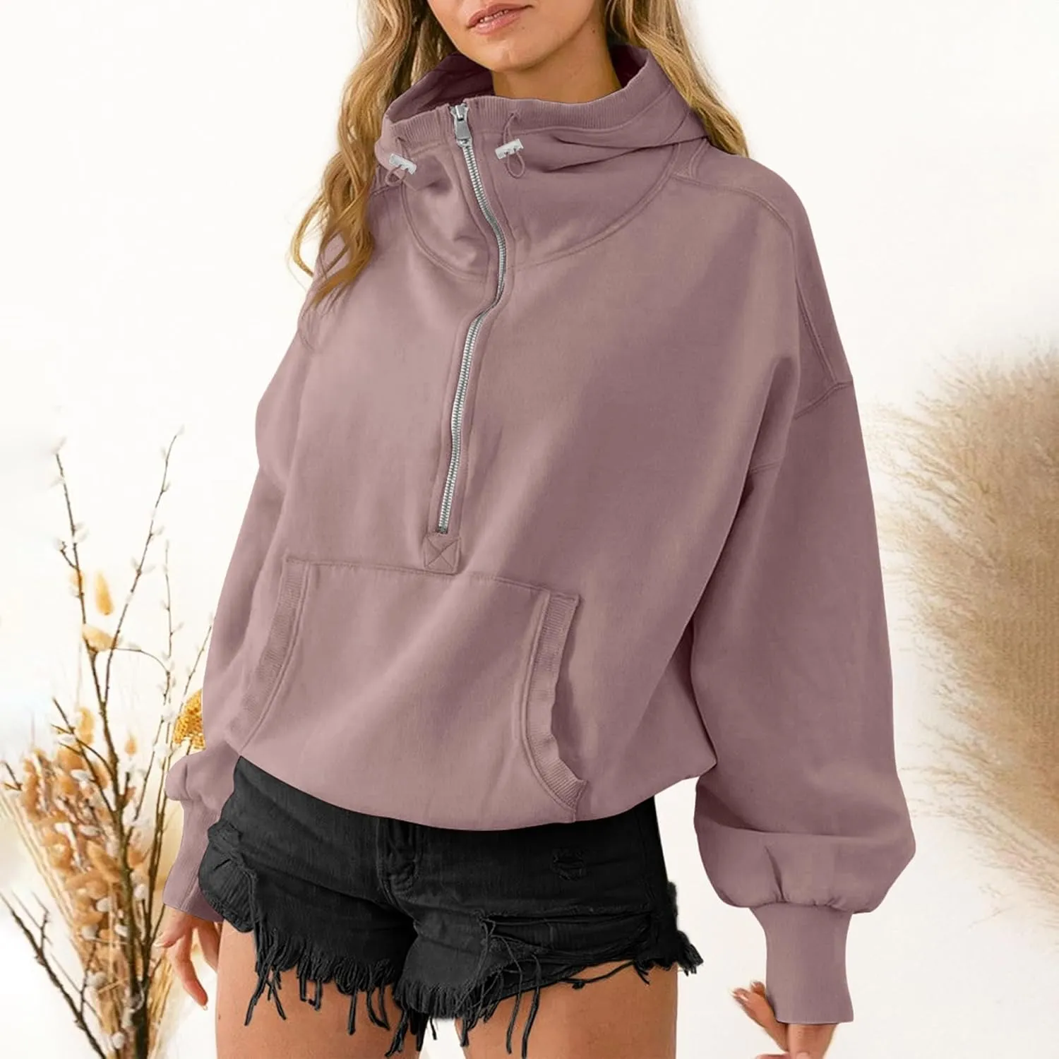 TBA High Neck Hoodies for Women Oversized Half Zip Drawstring Y2K Pullover Sweater Casual Long Sleeve Sweatshirt with Pockets