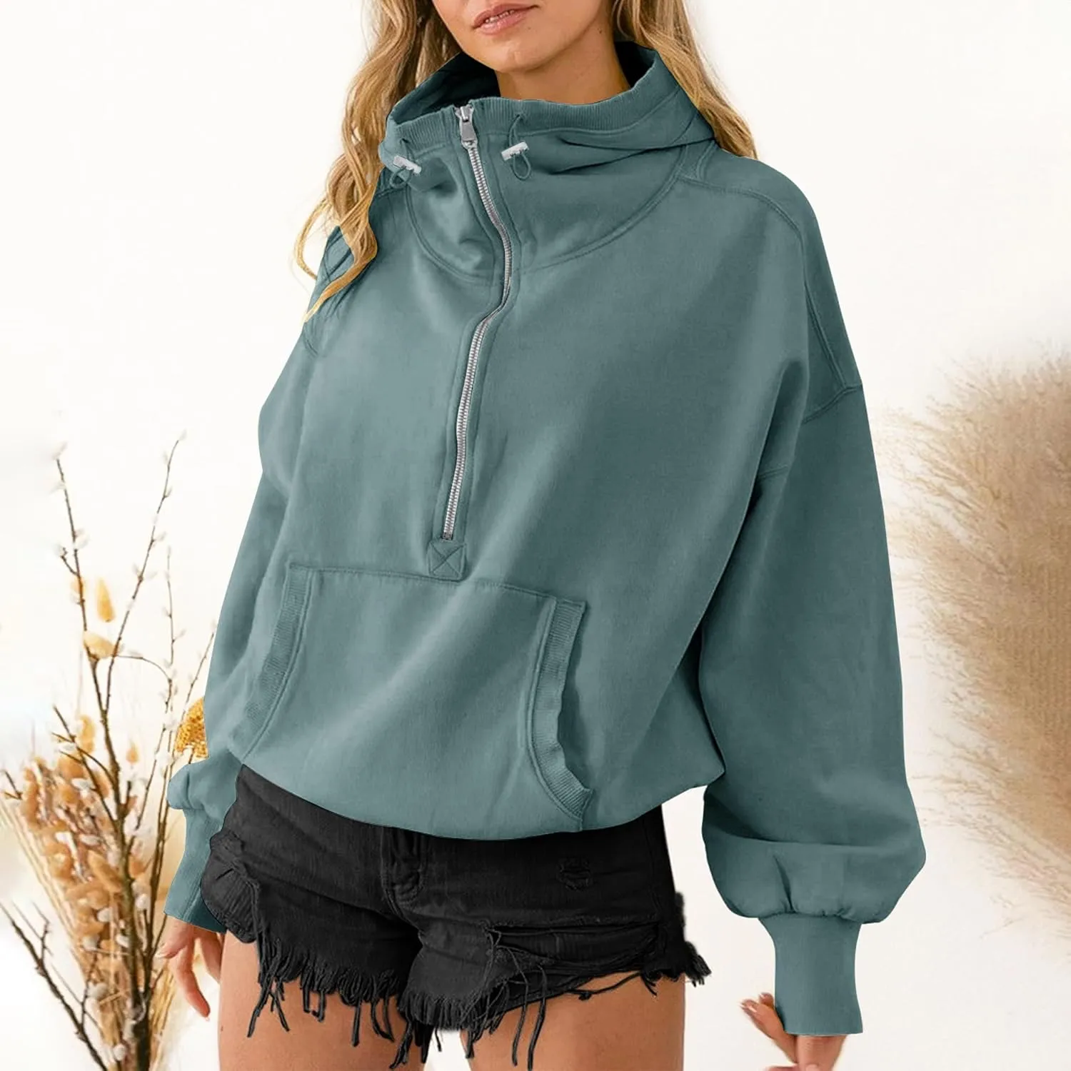 TBA High Neck Hoodies for Women Oversized Half Zip Drawstring Y2K Pullover Sweater Casual Long Sleeve Sweatshirt with Pockets