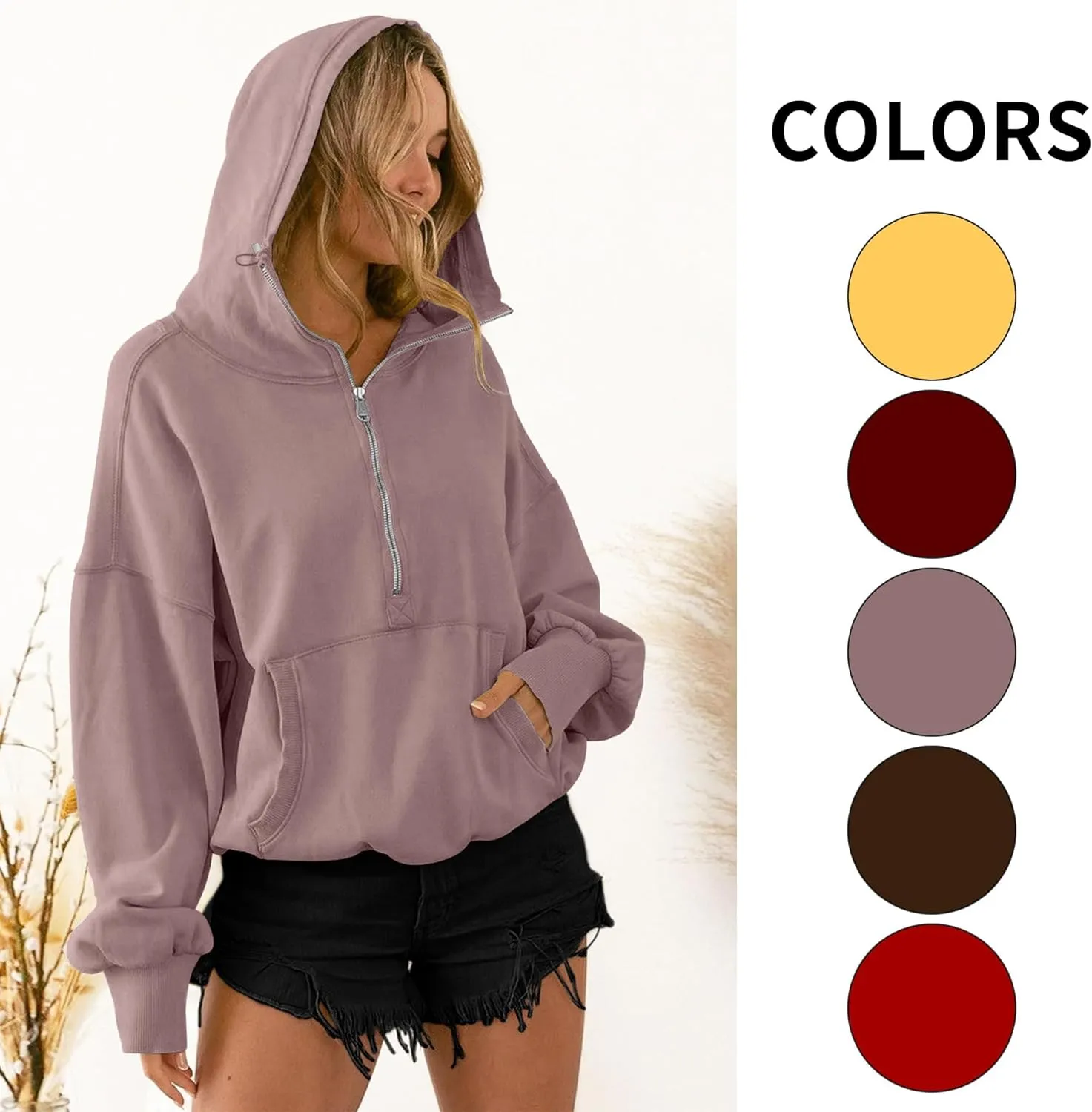 TBA High Neck Hoodies for Women Oversized Half Zip Drawstring Y2K Pullover Sweater Casual Long Sleeve Sweatshirt with Pockets