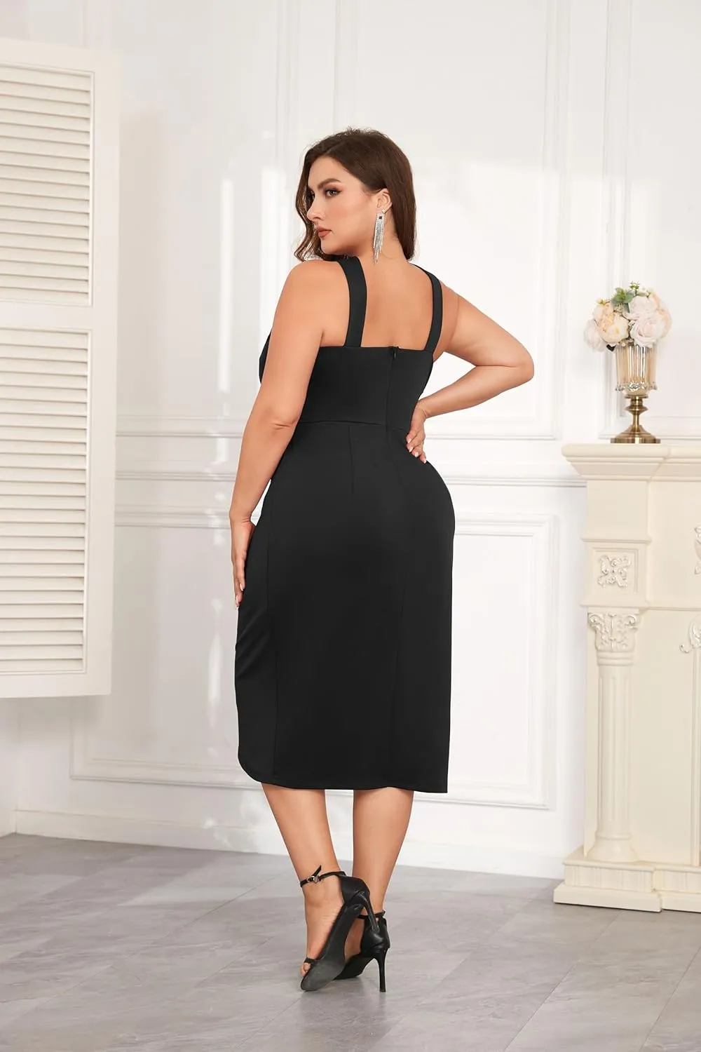 Theenkoln Plus Size Cocktail Dresses:Halterneck Sleeveless Slit Wrap Ruched Formal Weding Guest Bodycon Party Dresses