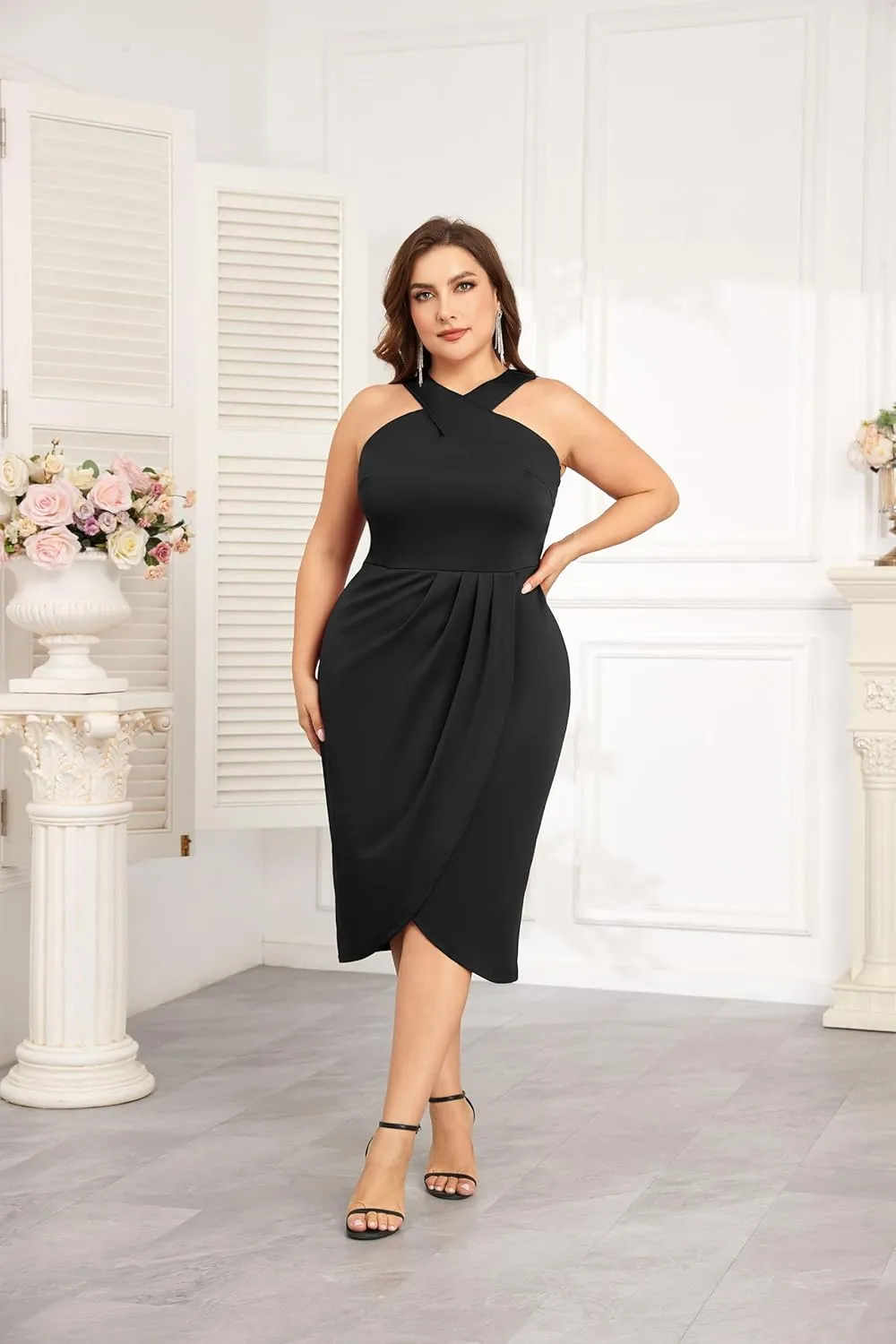 Theenkoln Plus Size Cocktail Dresses:Halterneck Sleeveless Slit Wrap Ruched Formal Weding Guest Bodycon Party Dresses