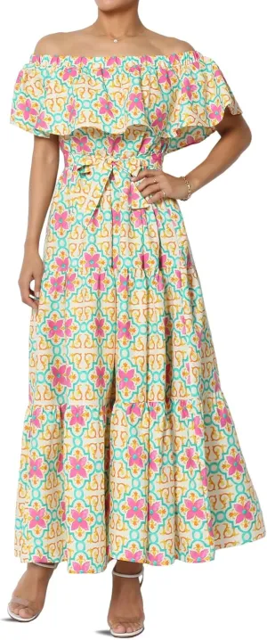 TheMogan Women's Ruffle Off Shoulder Tiered A-Line Long Maxi Dress W Tie Belt Casual Summer