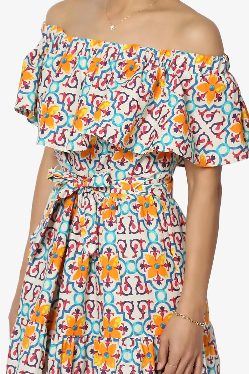 TheMogan Women's Ruffle Off Shoulder Tiered A-Line Long Maxi Dress W Tie Belt Casual Summer