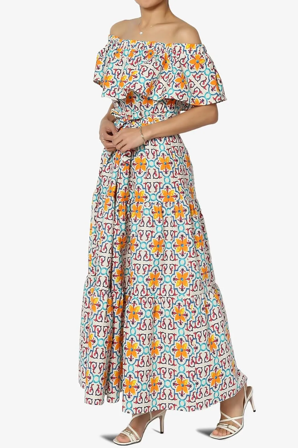 TheMogan Women's Ruffle Off Shoulder Tiered A-Line Long Maxi Dress W Tie Belt Casual Summer