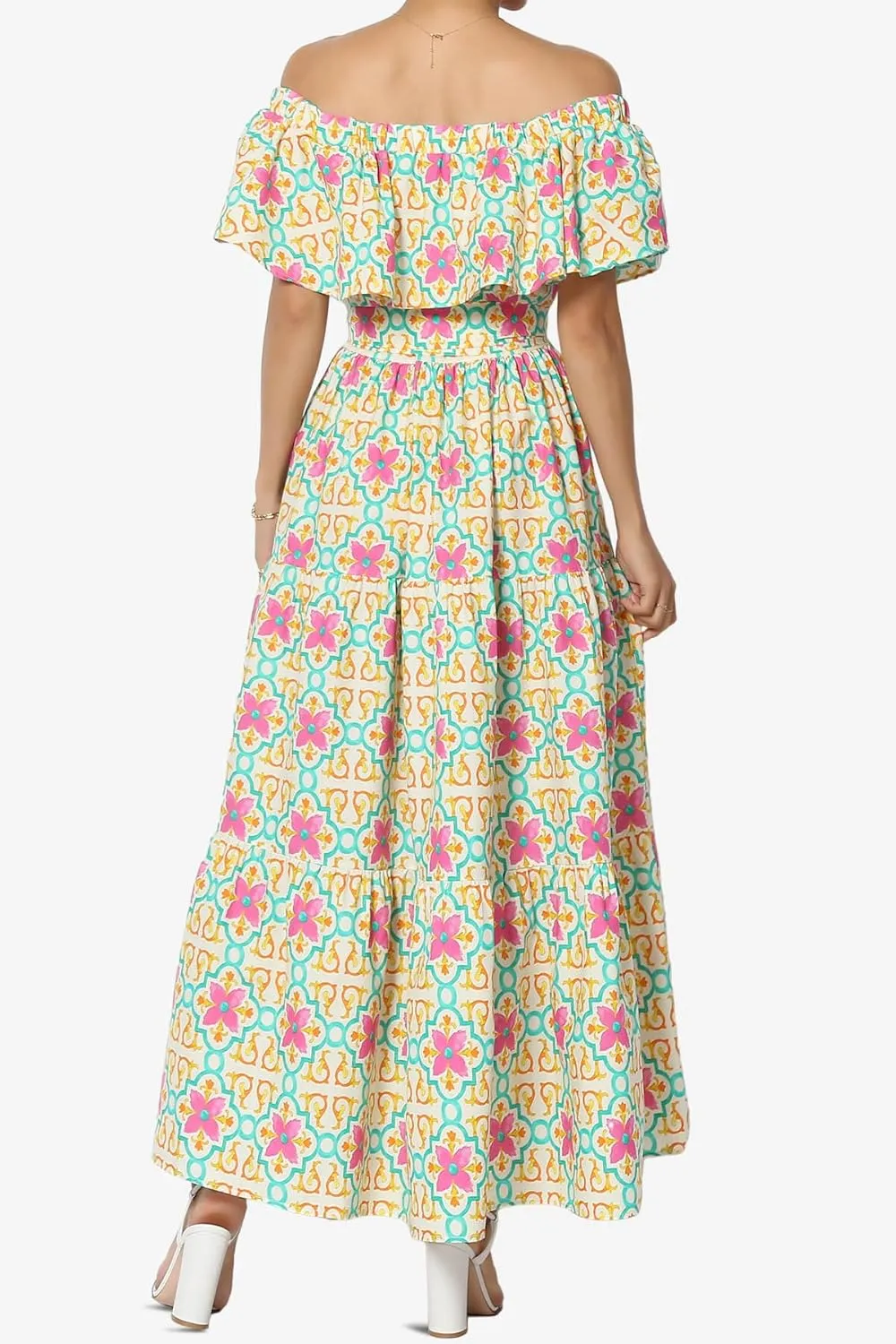 TheMogan Women's Ruffle Off Shoulder Tiered A-Line Long Maxi Dress W Tie Belt Casual Summer