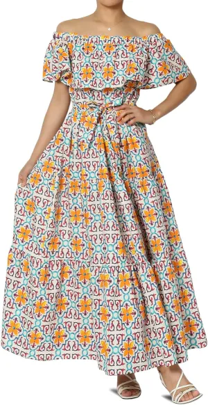 TheMogan Women's Ruffle Off Shoulder Tiered A-Line Long Maxi Dress W Tie Belt Casual Summer