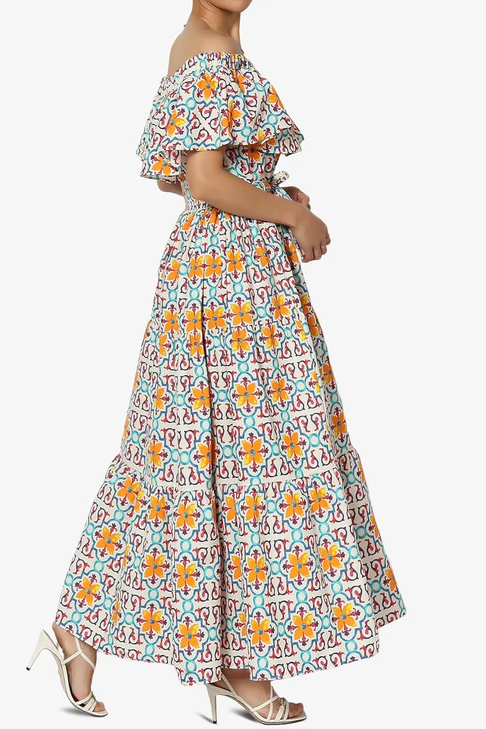TheMogan Women's Ruffle Off Shoulder Tiered A-Line Long Maxi Dress W Tie Belt Casual Summer