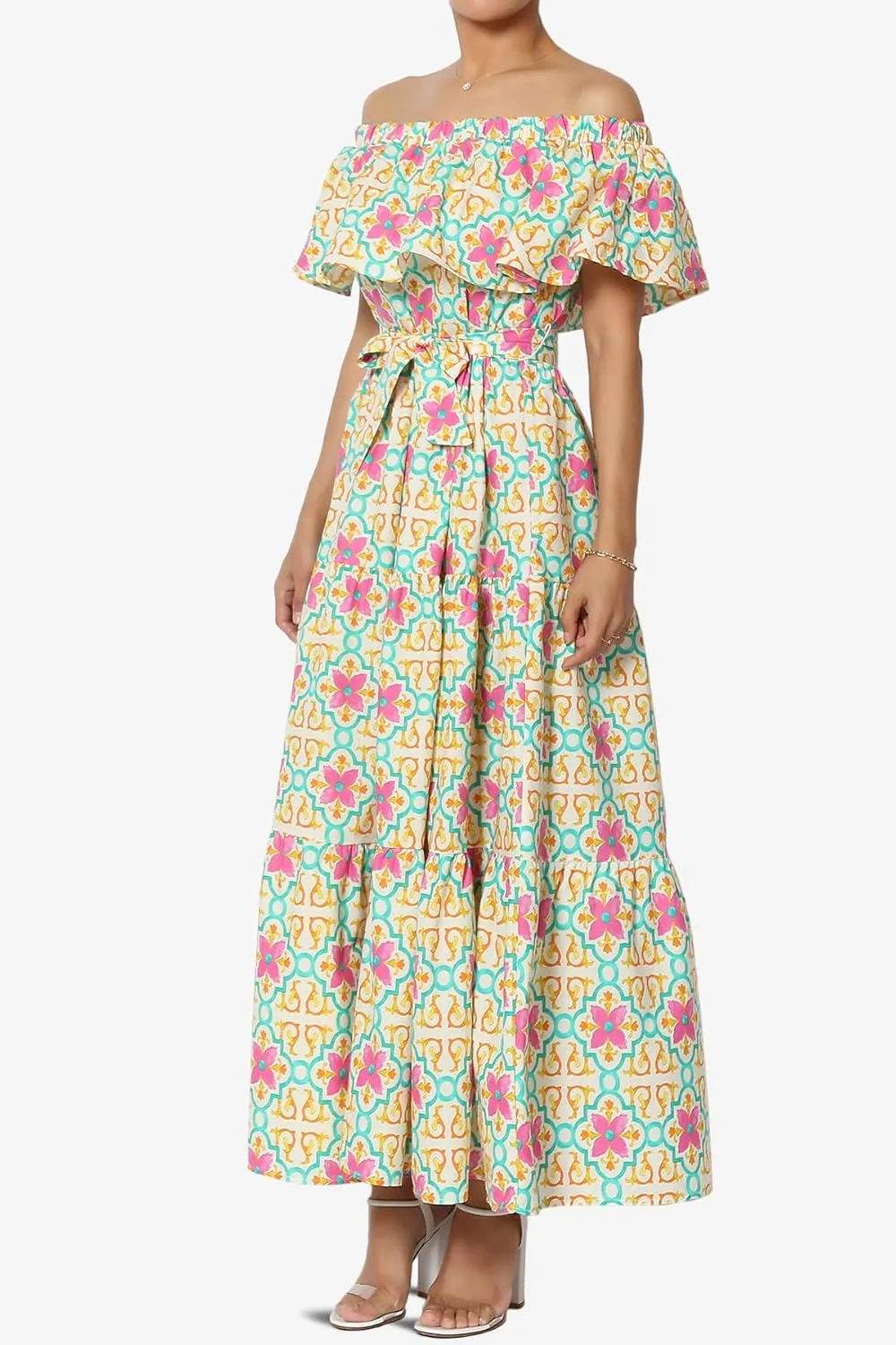 TheMogan Women's Ruffle Off Shoulder Tiered A-Line Long Maxi Dress W Tie Belt Casual Summer