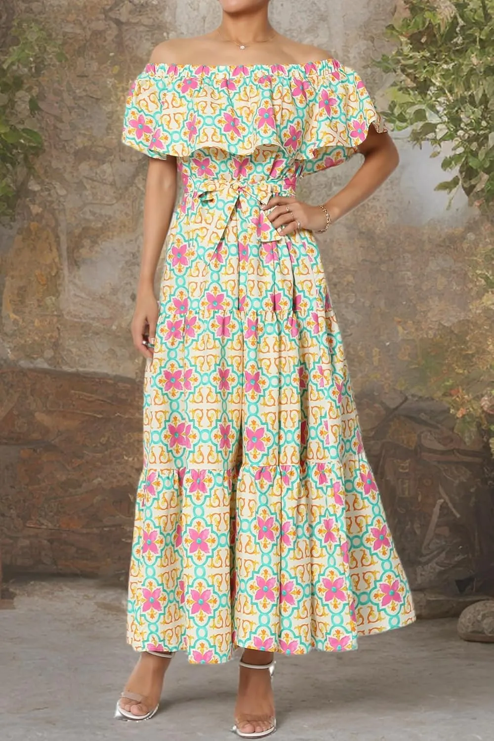 TheMogan Women's Ruffle Off Shoulder Tiered A-Line Long Maxi Dress W Tie Belt Casual Summer