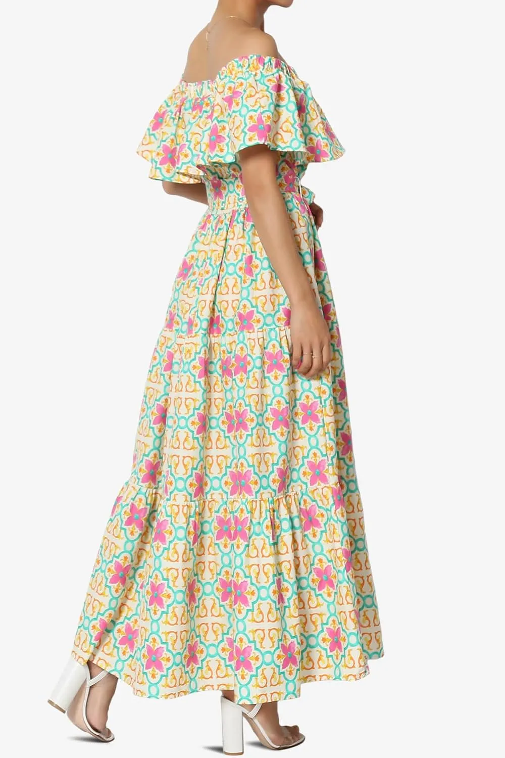TheMogan Women's Ruffle Off Shoulder Tiered A-Line Long Maxi Dress W Tie Belt Casual Summer