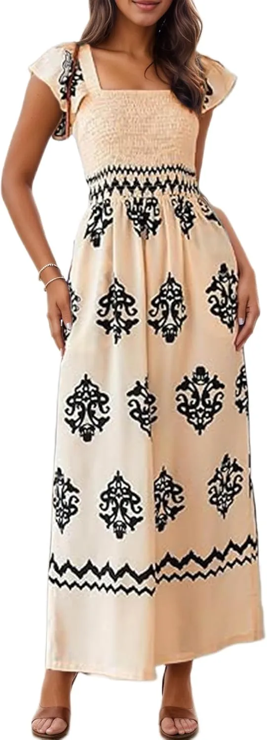 TIAFORD Womens Boho Jumpsuits Retro Print Cap Ruffle Sleeve High Waist Wide Leg Long Pant with Pockets