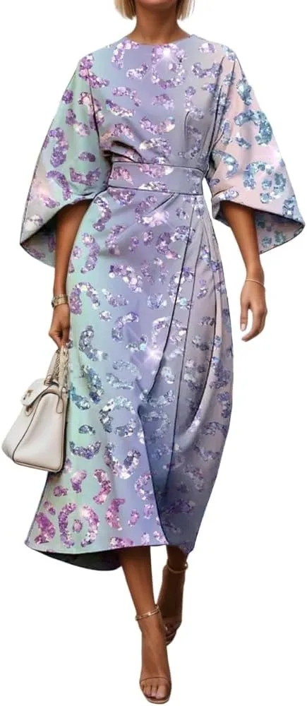 TIAFORD Women's Spring Summer Elegant Floral Print Empire Waist Dress Casual Cute Crew Neck Loose Half Sleeve Maxi Dresses