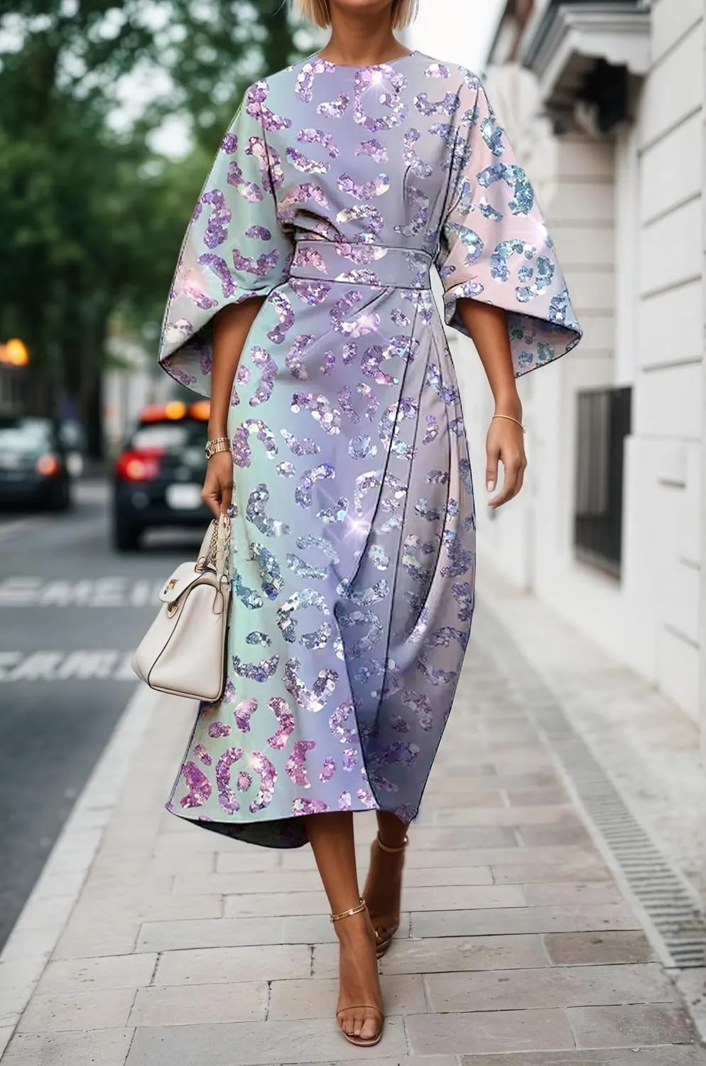 TIAFORD Women's Spring Summer Elegant Floral Print Empire Waist Dress Casual Cute Crew Neck Loose Half Sleeve Maxi Dresses