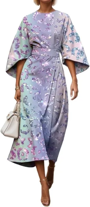 TIAFORD Women's Spring Summer Elegant Floral Print Empire Waist Dress Casual Cute Crew Neck Loose Half Sleeve Maxi Dresses