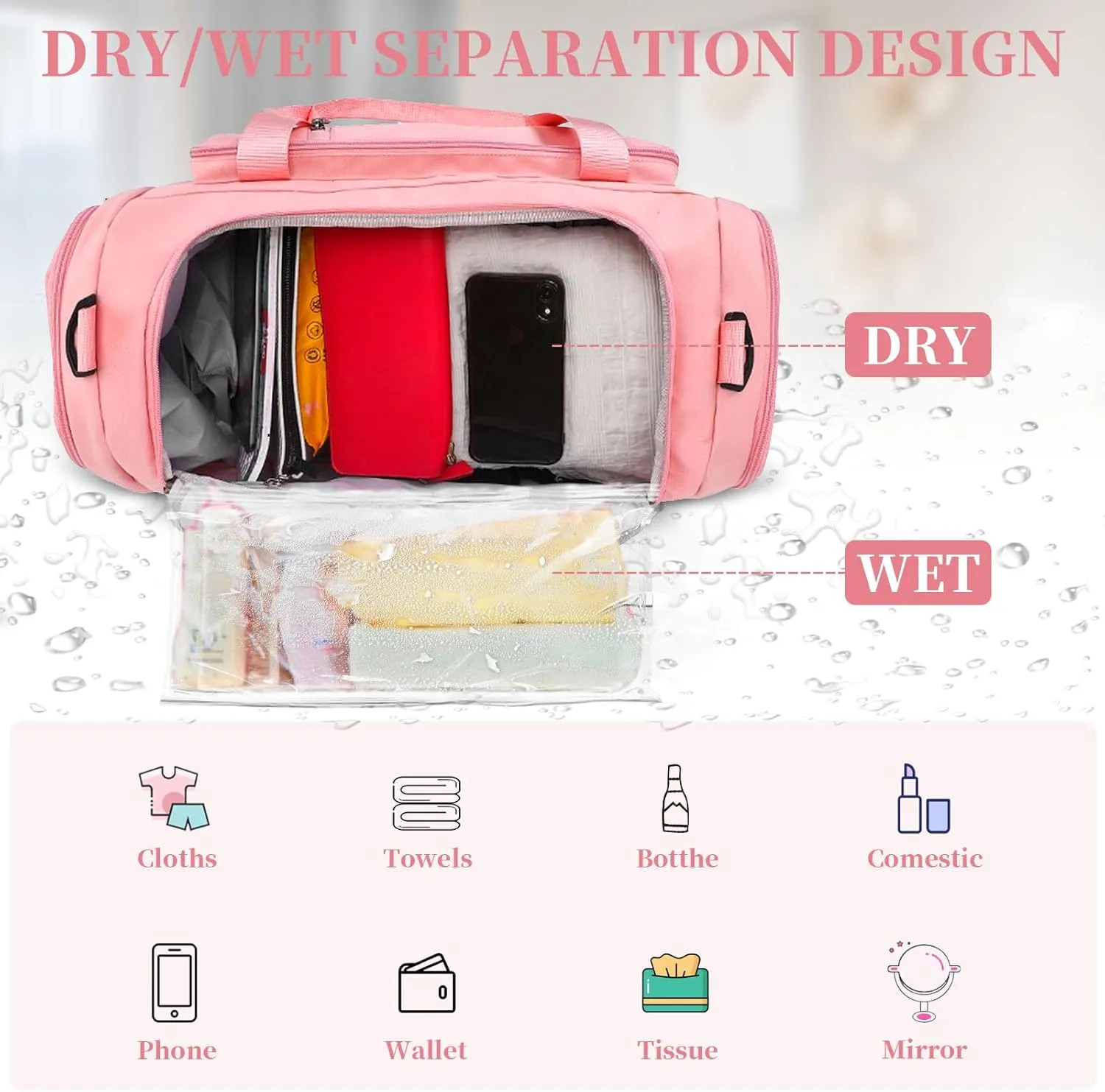 Travel Duffle Bag for Women,Gym Bag with Shoe Compartment,Weekend overnight bag with wet pocket,Waterproof carry on Travel Bag(Pink)