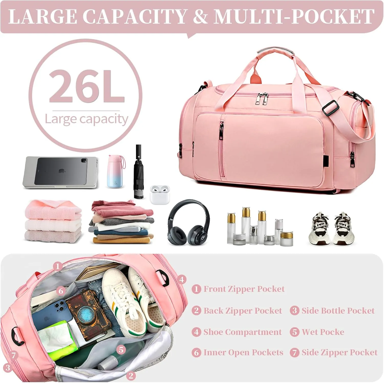 Travel Duffle Bag for Women,Gym Bag with Shoe Compartment,Weekend overnight bag with wet pocket,Waterproof carry on Travel Bag(Pink)