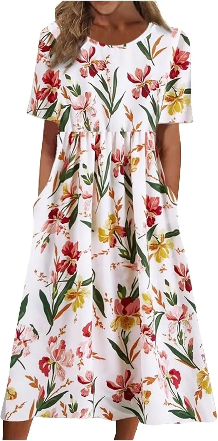 Tshirt Dress for Women 2025 Beach Cotton Linen Floral Printed Dresses with Pockets Casual Flowy Long Dress
