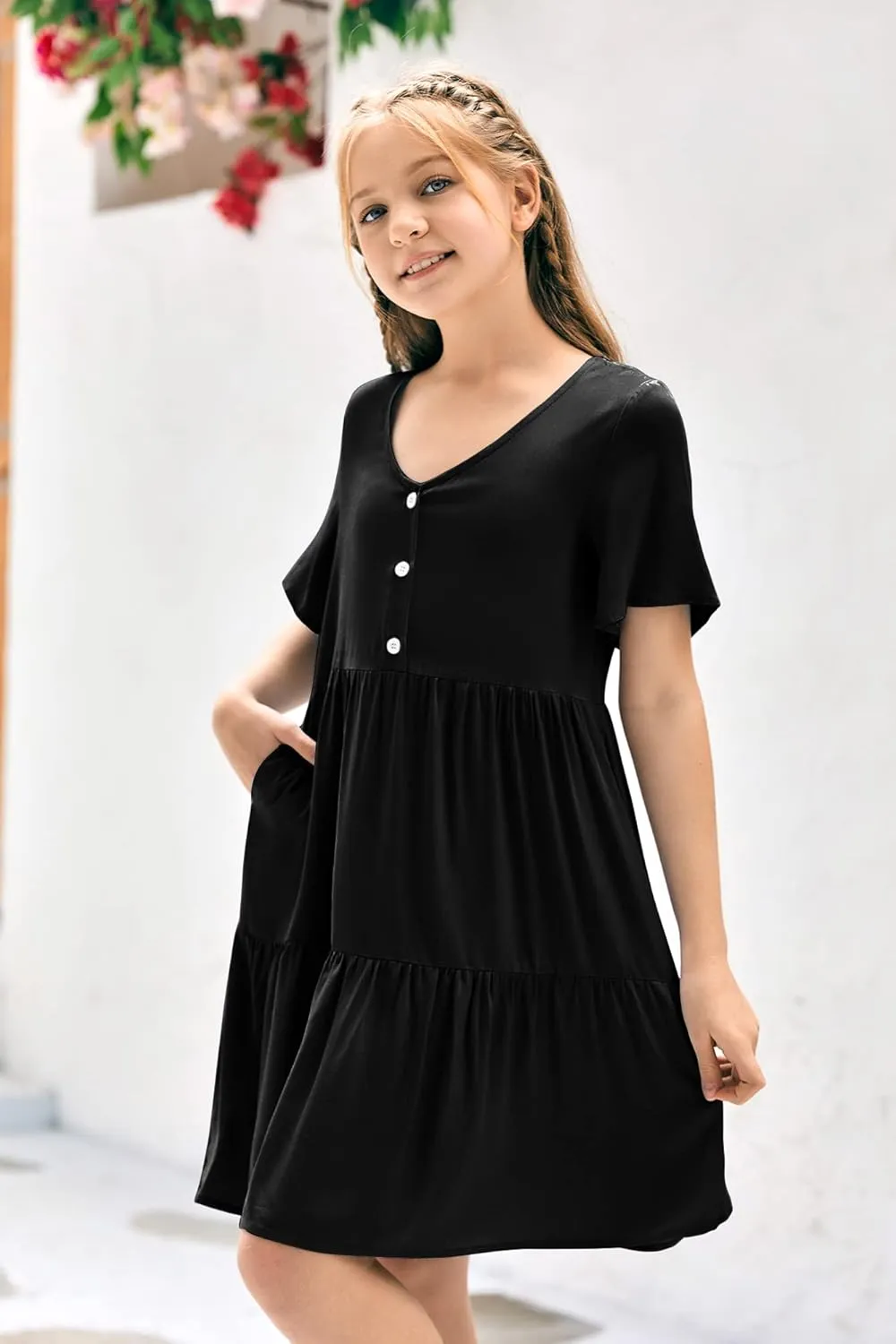 Tymidy Girls Casual Dress Summer Button V Neck Short Sleeve Ruffle Hem Flowy Swing Mini Dresses