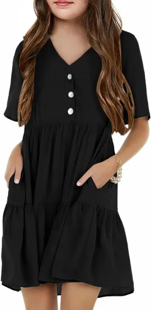 Tymidy Girls Casual Dress Summer Button V Neck Short Sleeve Ruffle Hem Flowy Swing Mini Dresses