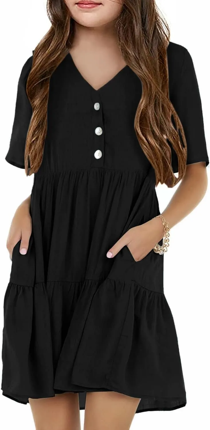 Tymidy Girls Casual Dress Summer Button V Neck Short Sleeve Ruffle Hem Flowy Swing Mini Dresses