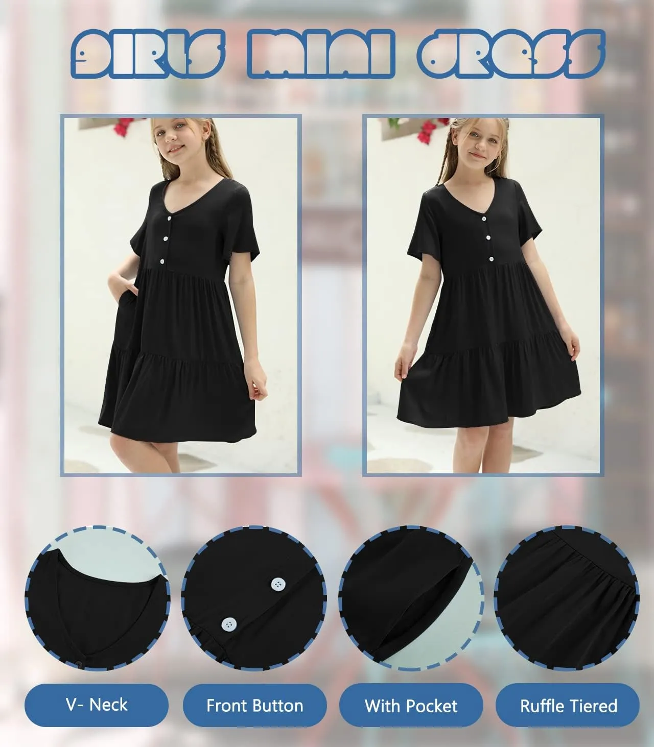 Tymidy Girls Casual Dress Summer Button V Neck Short Sleeve Ruffle Hem Flowy Swing Mini Dresses