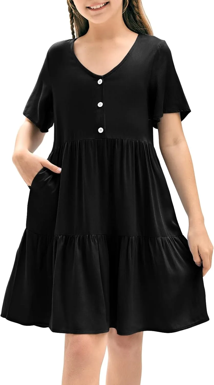Tymidy Girls Casual Dress Summer Button V Neck Short Sleeve Ruffle Hem Flowy Swing Mini Dresses