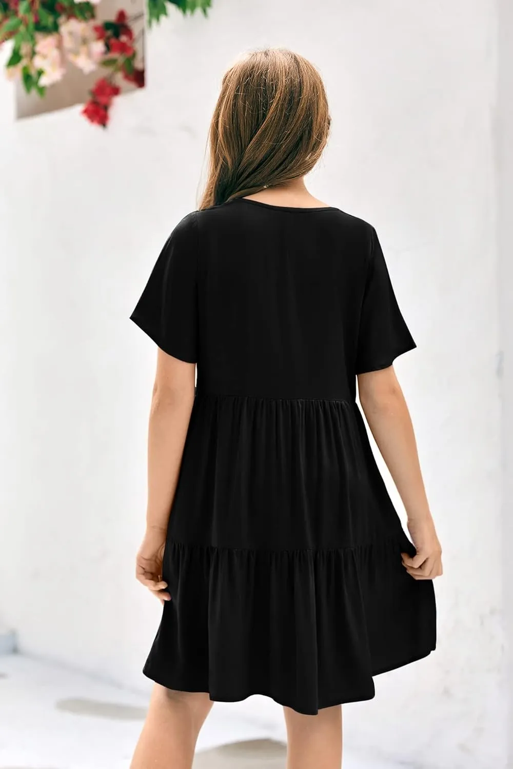 Tymidy Girls Casual Dress Summer Button V Neck Short Sleeve Ruffle Hem Flowy Swing Mini Dresses
