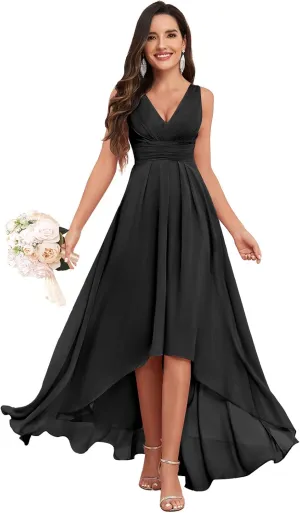 V Neck Bridesmaid Dresses for Women High Low A-Line Chiffon Pleated Evening Party Gown with Pockets