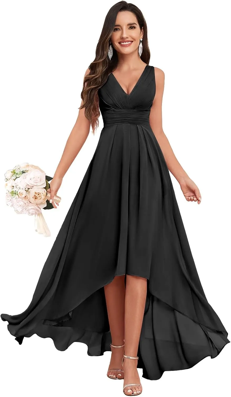 V Neck Bridesmaid Dresses for Women High Low A-Line Chiffon Pleated Evening Party Gown with Pockets