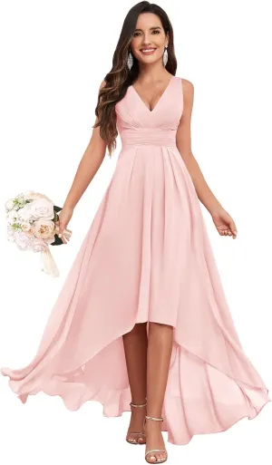 V Neck Bridesmaid Dresses for Women High Low A-Line Chiffon Pleated Evening Party Gown with Pockets