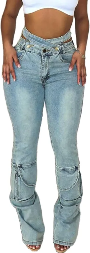 Vaceky High Waisted Cargo Jeans Women Cutout Criss Cross Waist Stretchy Denim Pants