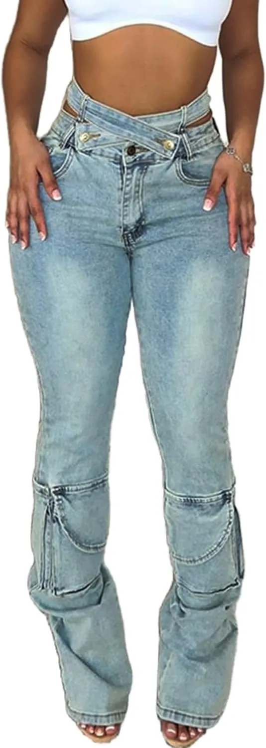 Vaceky High Waisted Cargo Jeans Women Cutout Criss Cross Waist Stretchy Denim Pants