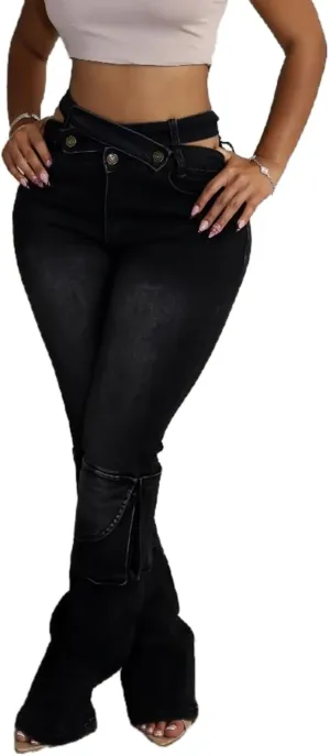 Vaceky High Waisted Cargo Jeans Women Cutout Criss Cross Waist Stretchy Denim Pants