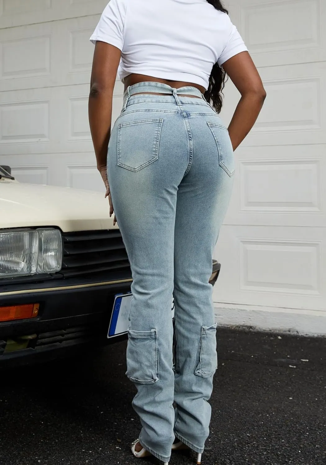 Vaceky High Waisted Cargo Jeans Women Cutout Criss Cross Waist Stretchy Denim Pants