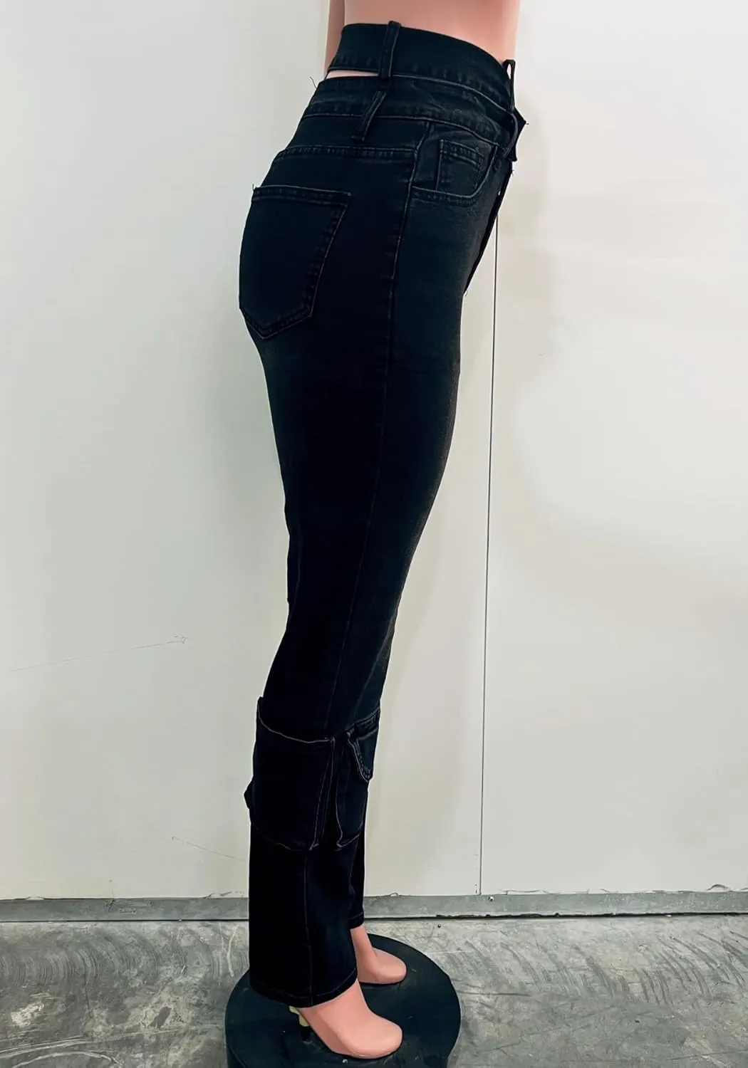 Vaceky High Waisted Cargo Jeans Women Cutout Criss Cross Waist Stretchy Denim Pants