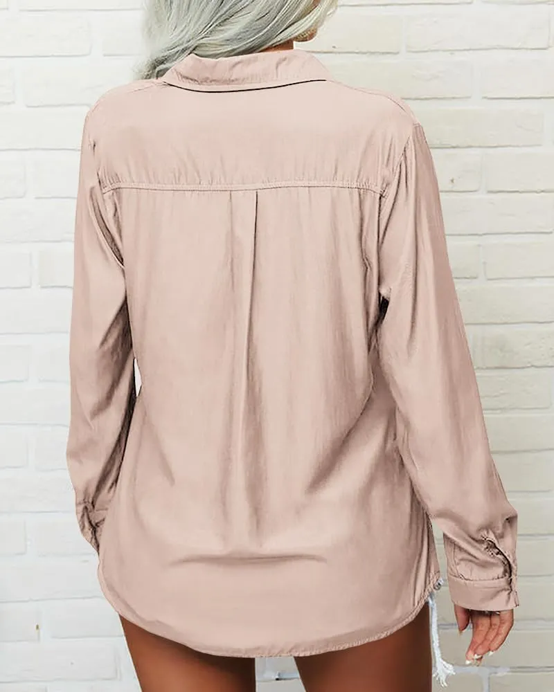 Veatzaer Womens Solid Lapel Long Sleeves Button Down Shirt Top Casual Basic Office Blouse
