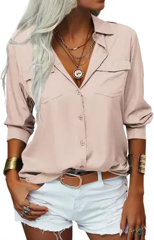 Veatzaer Womens Solid Lapel Long Sleeves Button Down Shirt Top Casual Basic Office Blouse