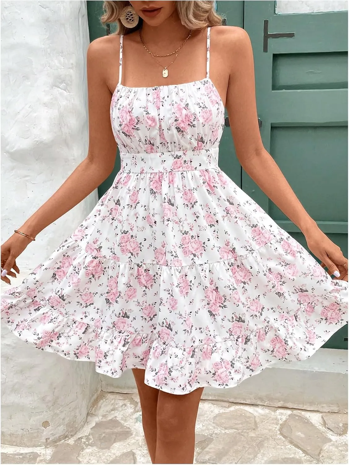 Verdusa Women's Floral Print Ruched Sleeveless Ruffle Hem A Line Swing Cami Dress
